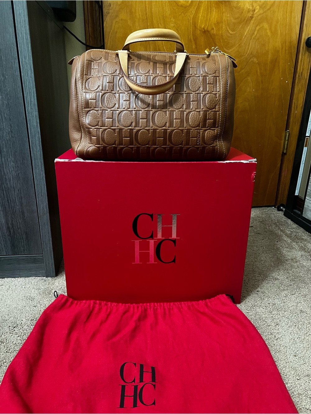 Carolina Herrera Brown Embossed CH Monogram Duffel Bag
